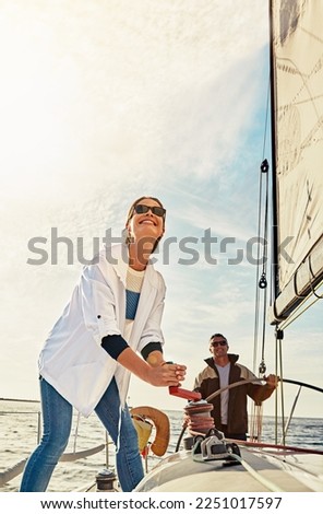 Happy couple, boat and steering helm in sea travel, holiday investment and retirement wealth hobby. Rich, fun and sailing of mature people on ocean or lake water for outdoor adventure and activity