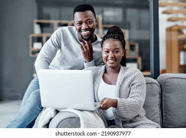 Happy Couple Browsing On A Laptop, Banking Online And Applying For A Home Loan, Mortgage Bond Or Insurance. Portrait Of A Black Man And Woman Managing Finances And Studying With Online Education