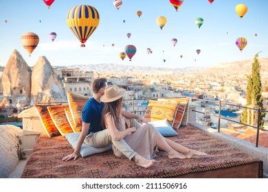 Happy couple in Cappadocia. Couple travels the world. Hot air balloon flights.