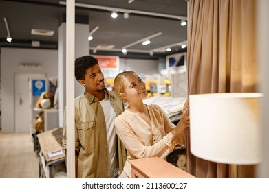 Happy Couple Choosing Curtains Making Shop Purchases