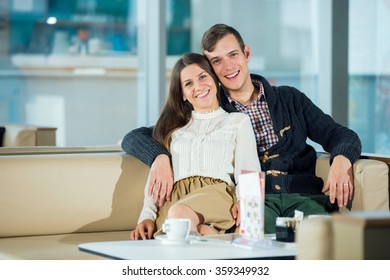 Happy couple at the coffee shop, selective focus