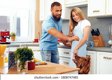 Happy Couple Cooking Food At Kitchen With Their Dog