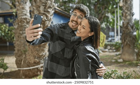 A happy couple, embracing in an urban park, takes a selfie together on a sunny day, depicting love and connectivity. - Powered by Shutterstock