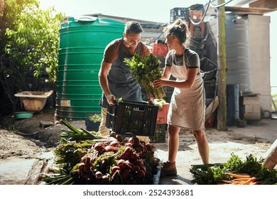 Happy couple, farm and crate with vegetables for agriculture, harvest or fresh produce in rural area. Young farmer, man and woman with smile or food for organic production, natural growth or crops - Powered by Shutterstock