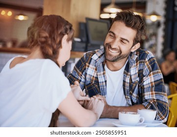 Happy, couple and holding hands with discussion in cafe for conversation, romantic and lunch date. Woman, man and communication with love at restaurant for commitment, marriage and bonding on weekend - Powered by Shutterstock