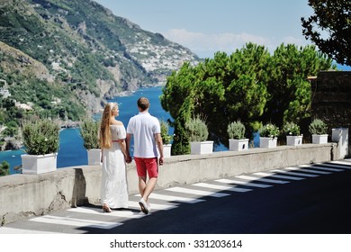 Happy Couple In Honeymoon In Positano, Amalfi Coast, Italy