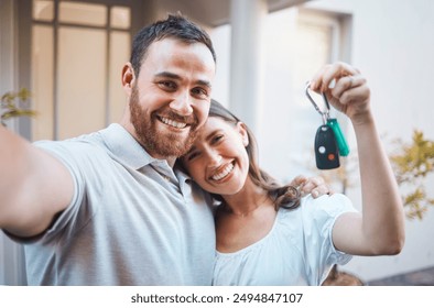 Happy couple, house keys and selfie with portrait, new home and milestone in bonding, together and love. Woman, man and excited as married people in moving, relationship and happiness for celebration - Powered by Shutterstock