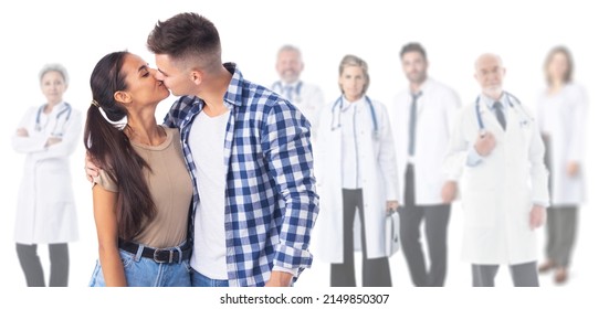 Happy Couple Kissing, Team Of Doctors On Background,fertility Clinic Counseling , Reproductive Issues Concept