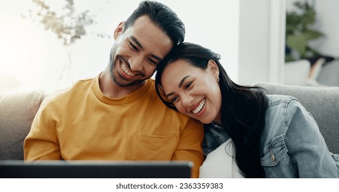 Happy couple, laptop and relax in home for love, watch comedy movies or scroll website for online shopping. Man, woman and laugh for funny joke on computer, social media subscription and meme on sofa - Shutterstock ID 2363359383