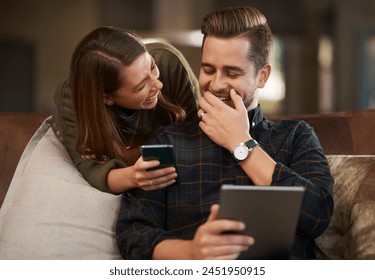 Happy couple, laugh and sofa with tablet and cellphone for streaming video, social media and online apps for relationship in home. Man, woman and tech in house on internet, affection or loving indoor - Powered by Shutterstock