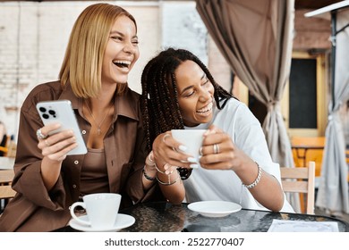 A happy couple laughs together at a cafe, enjoying coffee and sharing their joyful connection. - Powered by Shutterstock