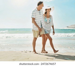 Happy, couple and laughter at beach on romantic walk for bonding, love and time together in nature. Smile, man and woman with funny joke about marriage at seashore for commitment and relationship - Powered by Shutterstock