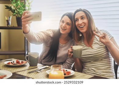 Happy couple, lesbian and selfie with peace sign for photography, picture or breakfast memory together at home. Young, female people or LGBTQ with smile, emoji or love for capture or moment at house - Powered by Shutterstock