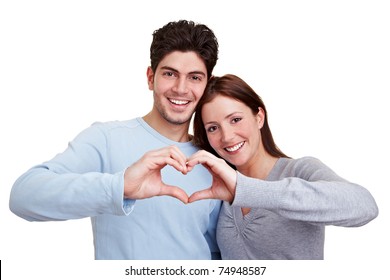 Happy Couple In Love Showing Heart With Their Fingers