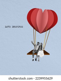 Happy couple in love sitting on air balloon or swing over light blue background. Creative design for greeting card for Valentine's day holiday. Ideas, art, aspirations, emotions and feelings.
