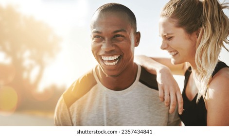 Happy, couple and morning hike for fitness, goals and outdoor exercise in mountain, nature or summer sunrise. Healthy, training and people smile with happiness from cardio workout or hiking together - Powered by Shutterstock