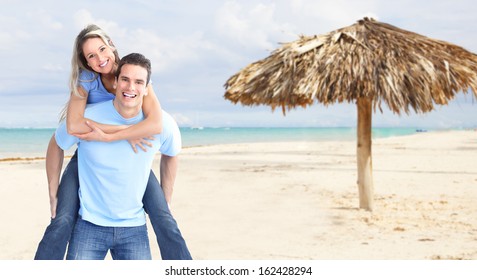 Happy Couple On Punta Cana Beach. Vacation.