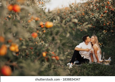 Happy couple on summer picnic. Lovers enjoy each other. The young man kisses the girl on the cheek and girl smiling with closed eyes.