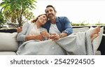 Happy couple, outdoor and bonding on vacation for travel, holiday and anniversary trip in hotel. Marriage, together and people with wine, love and romantic getaway for memory, relax and relationship