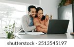 Happy couple, paperwork and hug with laptop for budget, paying bills or estate planning. Married people, embrace and documents for insurance policy, investing and savings in apartment or family home