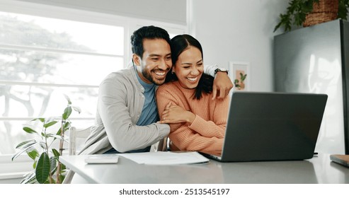 Happy couple, paperwork and hug with laptop for budget, paying bills or estate planning. Married people, embrace and documents for insurance policy, investing and savings in apartment or family home - Powered by Shutterstock