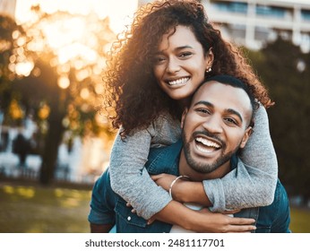 Happy couple, piggyback and portrait in outdoor, laughing and relationship bonding in park. People, together and romance on weekend trip for marriage, carrying and embrace adventure on vacation - Powered by Shutterstock