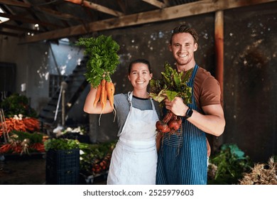 Happy couple, portrait and farming with carrots or vegetables for agriculture, harvest or fresh produce. Young farmer, man and woman with smile or food for organic production, natural growth or crops - Powered by Shutterstock