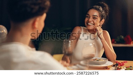 Happy, couple and red wine on date at restaurant for valentines day, romantic dinner and celebration. People, talking and alcohol with fine dining, anniversary and bonding for relationship commitment