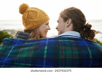 Happy couple, relax and bonding together in nature, blanket and romantic getaway with camping in forest. Man, woman and love on vacation on weekend break, countryside and travel in woods for sunset - Powered by Shutterstock