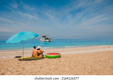 Happy Couple Resting At Greece Happy Beach Copy Space