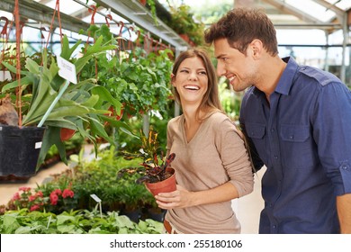 Happy couple shopping for green plants in a garden center - Powered by Shutterstock