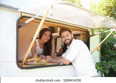 Happy Couple Spending Time Together At Trailer Park. Camping Season