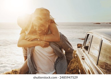 Happy couple, sunset and piggy back at beach with car, smile or road trip on holiday adventure in summer. Man, woman and connection for love, playful or memory for bonding in sunshine by sea in Italy - Powered by Shutterstock