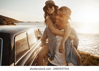 Happy couple, sunset and piggy back by sea with car, smile or road trip on holiday adventure in summer. Man, woman and connection for love, playful or memory for bonding in sunshine at beach in Spain - Powered by Shutterstock