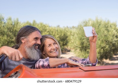 Happy couple taking selfie from mobile in olive farm - Powered by Shutterstock