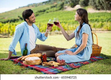 Happy couple toasting wineglasses while sitting on picnic blanket - Powered by Shutterstock
