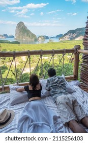 Happy Couple Traveler Enjoy Phang Nga Bay View Point, Tourists Relaxing In Tropical Resort At Samet Nang She, Near Phuket In Southern Thailand. Southeast Asia Travel And Summer Vacation Concept