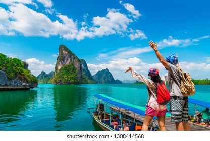 Happy Couple Traveler Joy Fun Beautiful Nature Scenic Landscape Phang-Nga Bay, Adventure Landmark Travel Phuket Thailand, Tourist People On Summer Holiday Vacation Trip, Tourism Destination Place Asia