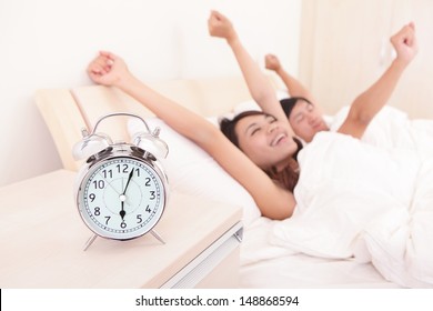 Happy Couple Wake Up In Bed And Smiling Raise Arms In The Morning, Asian Lovers