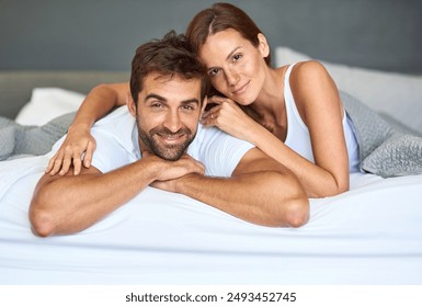 Happy couple, wake up and portrait in bedroom, morning or support for marriage commitment at house. Love, bonding or people resting with smile for romantic relationship, peace or anniversary together - Powered by Shutterstock