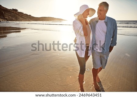 Happy couple, walk and beach with hug on holiday, island or coast for getaway, travel or vacation in Bali. Woman, man and relationship on date or marriage anniversary by ocean at sunset in Indonesia