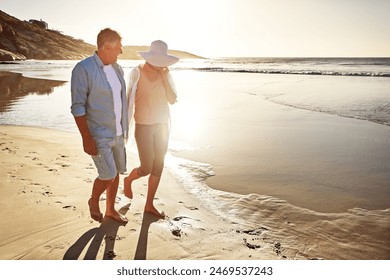 Happy couple, walking and beach for holiday on vacation or coast for getaway, travel and island in Bali. Woman, man and relationship for love or marriage anniversary by ocean at sunset in Indonesia - Powered by Shutterstock