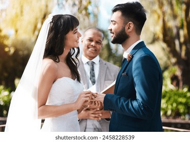 Happy couple, wedding and holding hands with priest for vows, marriage or support at alter in trust or nature. Married man, woman or bride and groom for relationship, ceremony or confession of love - Powered by Shutterstock