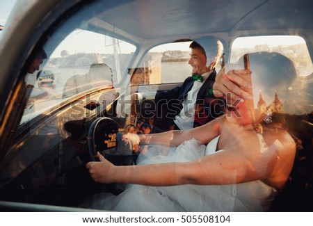 Similar – Image, Stock Photo Woman looking through the binoculars and friend driving