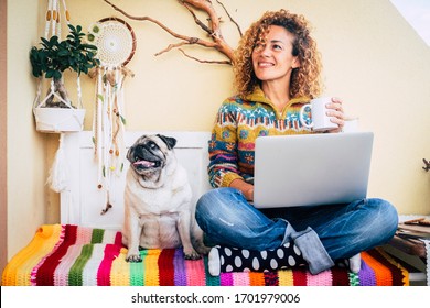 Happy Couple Woman And Funny Dog At Home Sitting On A Coloured Cover Have Fun And Use Technology Laptop Computer - Lockdown And Home Office Smart Work Job Lifestyle