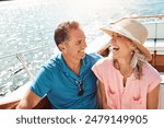 Happy, couple and yacht with laugh, love and celebration or marriage anniversary with travel on water. Ocean, vacation and catamaran cruise in Portugal with smile in summer together by the sea