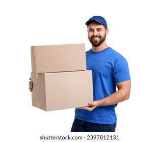 Happy courier with parcels on white background - Powered by Shutterstock