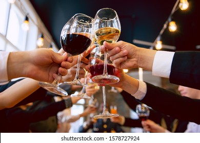 Happy Co-workers Celebrating While Company Party And Corporate Event. Young Caucasian People In Business Attire Cheering, Laughting. Concept Of Office Culture, Teamwork, Friendship, Holidays, Weekend.