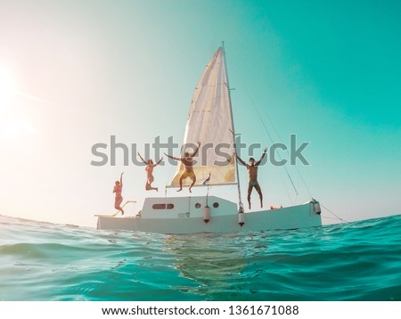 Similar – Image, Stock Photo Sailing boat on lake Attersee in rain