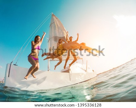 Similar – Image, Stock Photo Sailing boat on lake Attersee in rain